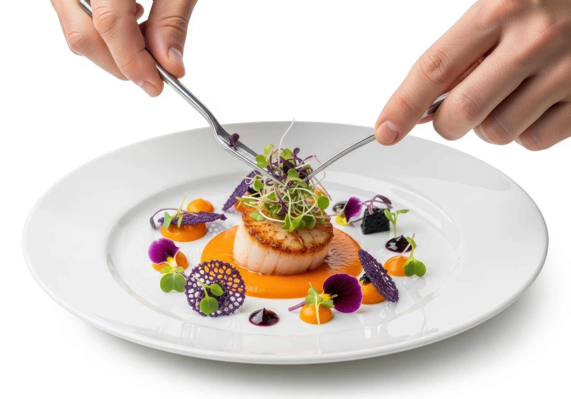 Chef preparando un plato elegante en cocina moderna